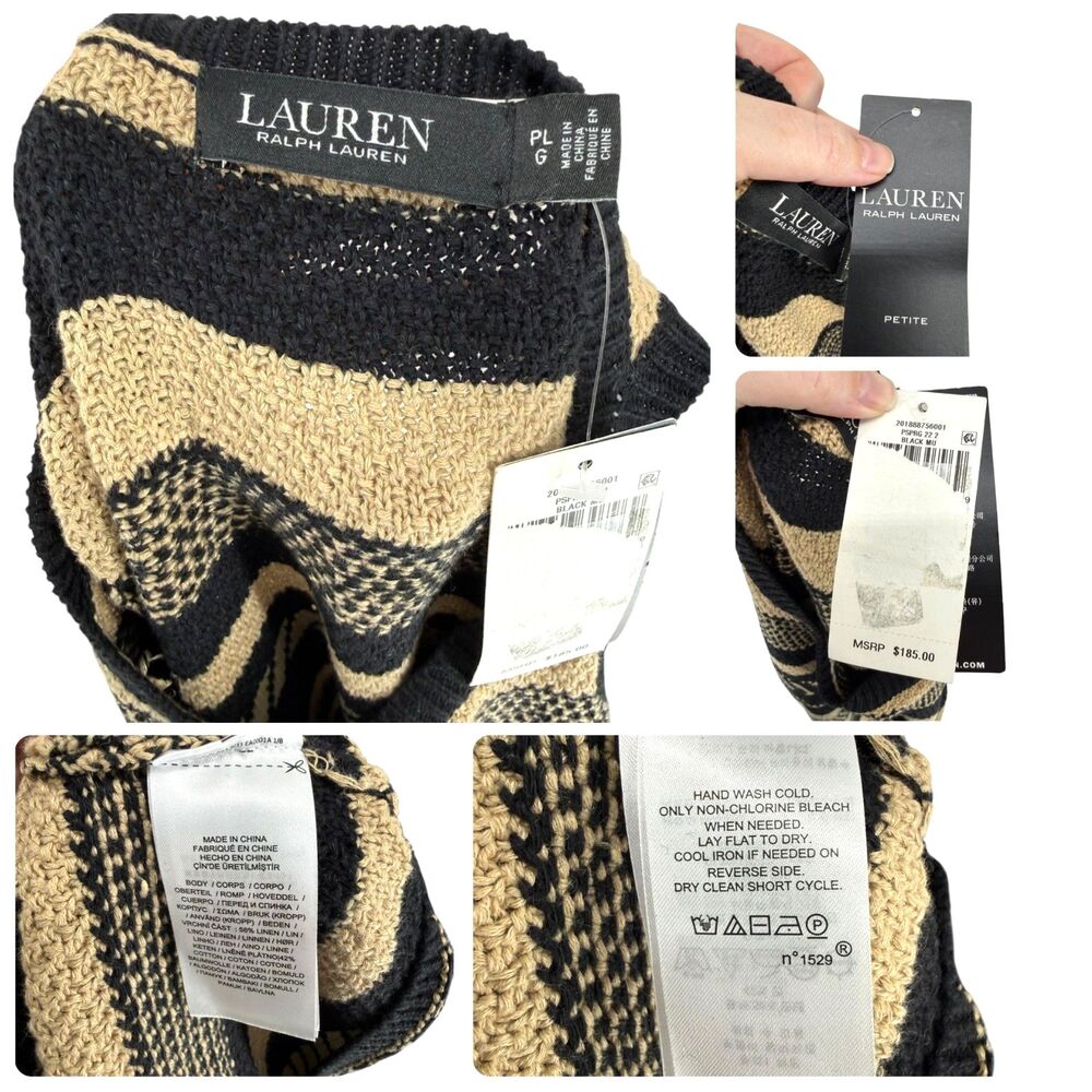 Lauren Ralph Lauren Sweater Dress L Petite Linen Cotton Tan Black Label Striped - Picture 10 of 10